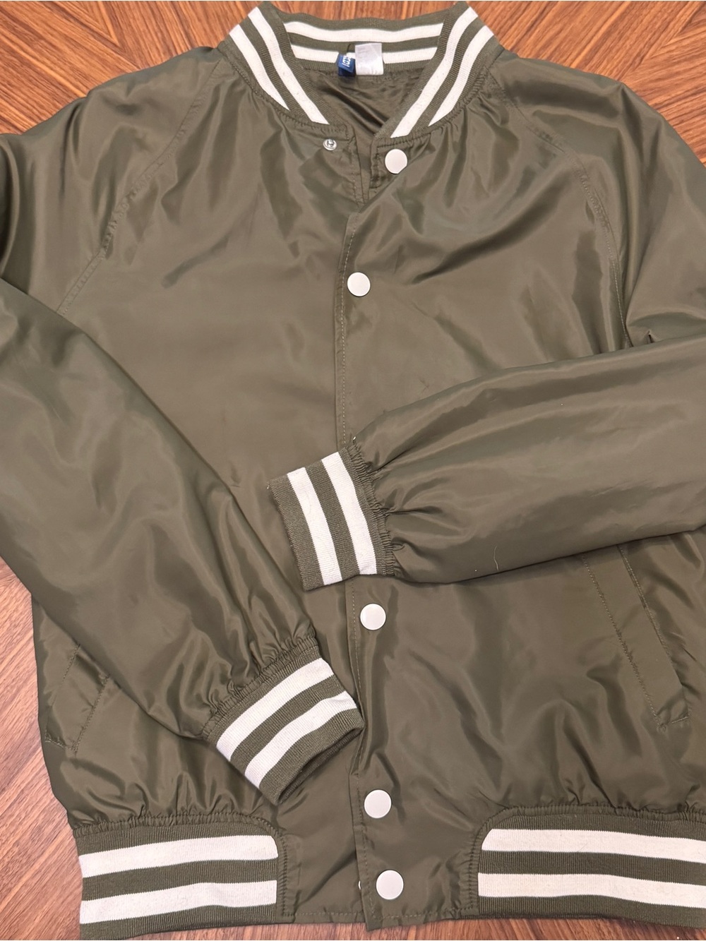 Men’s Olive Green Bomber Jacket with Stripe Trim